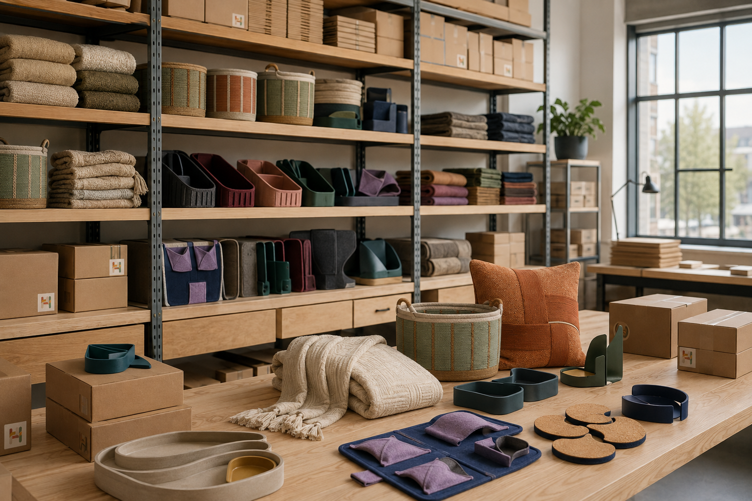 Organized home-furnishings packing and fulfillment workspace